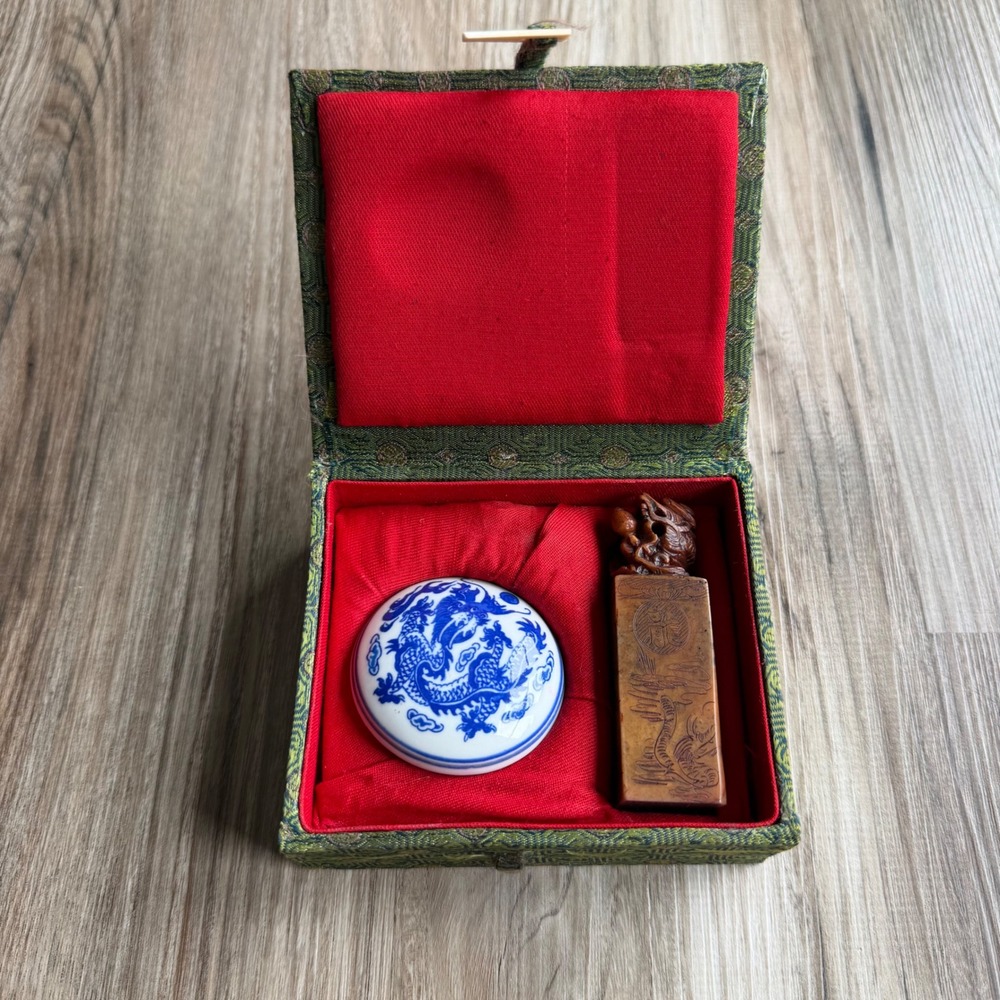 Vintage‎ Chinese Soapstone Dragon Seal Stamp Set Cinnabar Ink and Brocade Box